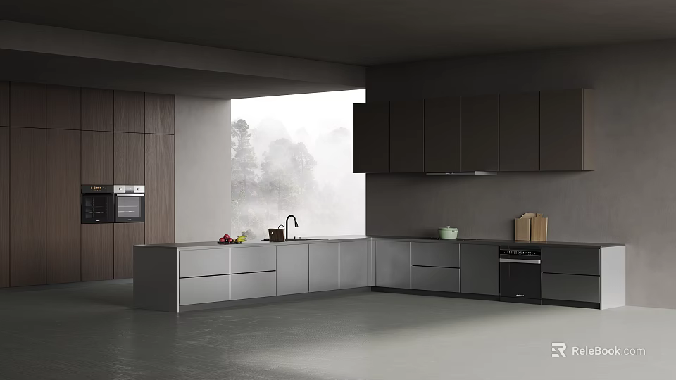Minimalist Modern Dark Tone Kitchen With Custom Cabinets Built In Appliances And Large View Window 3d model 