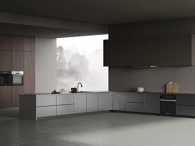 Minimalist Modern Dark Tone Kitchen With Custom Cabinets Built In Appliances And Large View Window 3d model