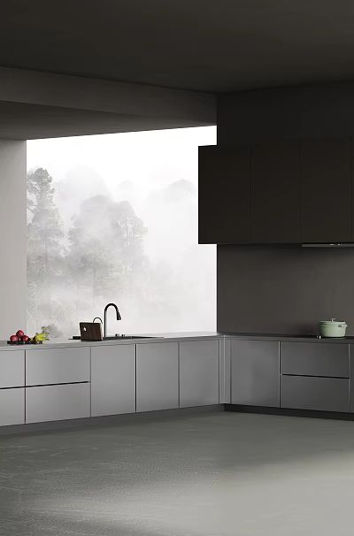 Minimalist Modern Dark Tone Kitchen With Custom Cabinets Built In Appliances And Large View Window 3d model