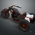 Modern Three Wheeled Motorcycle With Black Body Red Accents Brown Seat And White Parts