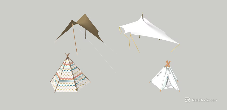 Different Tent Types With Triangle Cone Shapes And Brown White Color Patterns 3d model