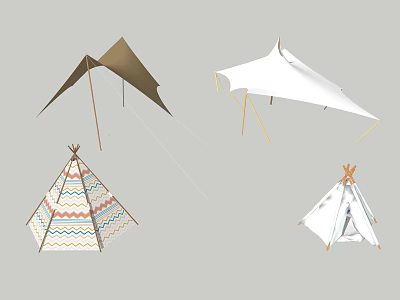 Different Tent Types With Triangle Cone Shapes And Brown White Color Patterns 3d model