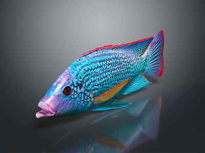 Vibrant Tropical Fish With Detailed Blue Red Orange Scales And Shiny Reflection On Dark Background 3d model