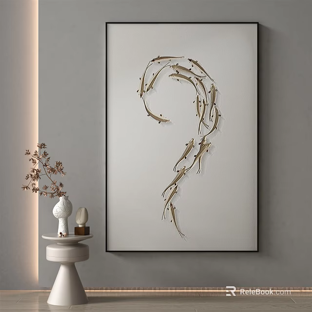 Question Mark Shaped Decorative Art with Metal Fish and Vase on Side Table 3d model