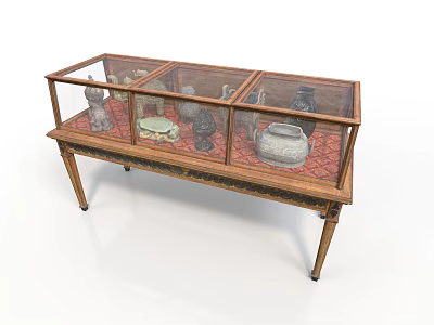 Antique Ceramic Collectibles Displayed In Wooden Cabinet With Glass Top And Red Padding 3d model