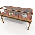 Antique Ceramic Collectibles Displayed In Wooden Cabinet With Glass Top And Red Padding