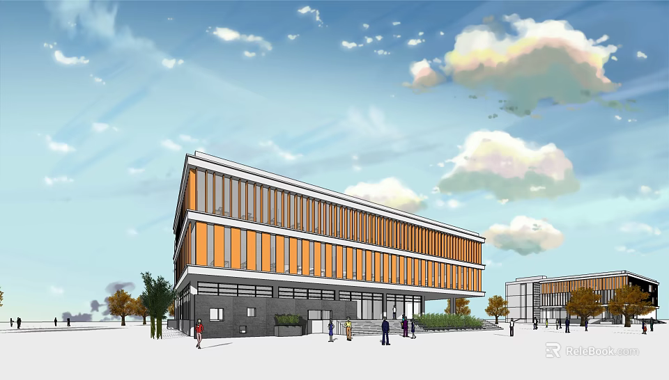 Modern School Building Exterior With Orange Gray Facade And Large Windows 3d model