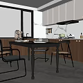 Modern Restaurant Kitchen With White Dark Brown Cabinets Dining Table Chairs And Large Window 3d model