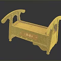 Vintage Wooden Baby Crib With Carved Headboard And Hand Painted Red Patterns