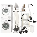 Elegant White Bathroom Cabinetry With Glass Doors Hanging Robes Storage Baskets Washer And Dryer