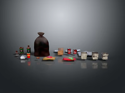 Assorted Daily Necessities Featuring Large Brown Bottle Small Bottles Cans And Boxes 3d model