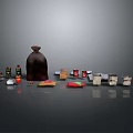Assorted Daily Necessities Featuring Large Brown Bottle Small Bottles Cans And Boxes 3d model