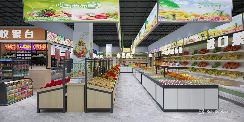 Supermarket Grocery Store Interior With Fresh Fruits Vegetables And Display Shelves 3d model 