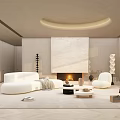 Minimalist Living Room Interior With White Sofas Circular Ceiling Light And Fireplace