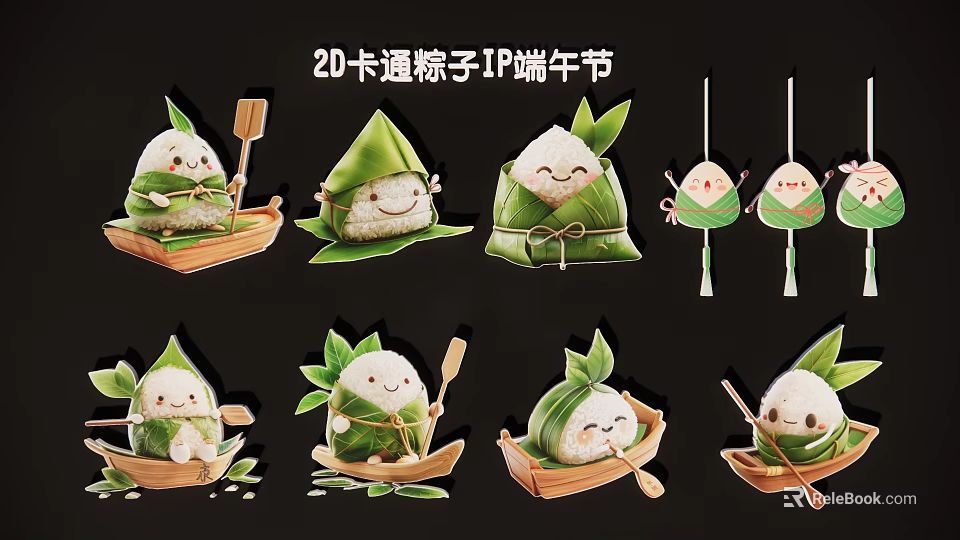 Cute 2D Cartoon Zongzi IP Character Pendants for Dragon Boat Festival Decor 3d model 