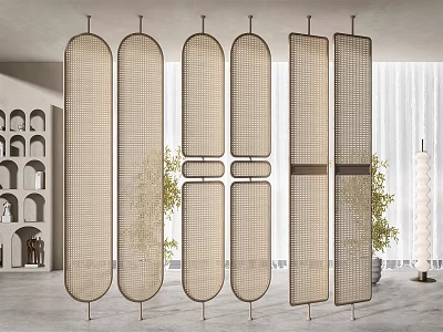 Modern Light Brown Woven Room Dividers Neatly Arranged In Indoor Minimalist Space With Plants 3d model