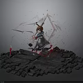 3D Character Model Scene With Shattered Geometric Shapes Red Lines And Stone Platform Base
