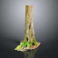 Natural Wooden Tree Stump Decor With Moss Covered Stone Base And Fallen Leaves 3d model