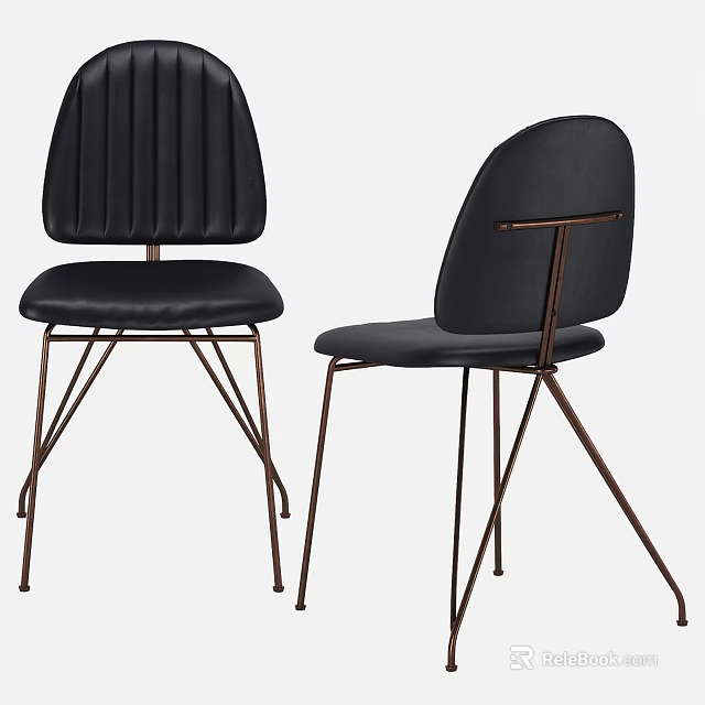 Modern Accent Chairs With Ribbed Black Leather Seats And Bronze Metal Legs 3d model 