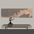 Abstract Brown Gold Wall Art Above Modern Decorative Bench With Vase
