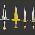 Ornate Daggers With Different Designs Gold White Red Handles And Decorative Patterns