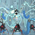 Futuristic Sci Fi Lab With Robot Mechanical Arms Blue Pipes Neon Lights And Circular Structure