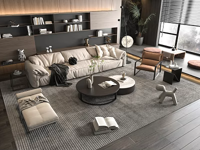 Modern Living Room With Comfortable Beige Sofa And Round Coffee Table Set Decorative Items 3d model