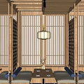 Traditional Japanese Restaurant Interior With Wooden Screens Lanterns Long Tables And Benches