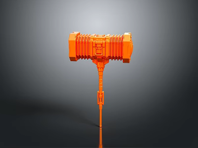 Orange Mechanical Hammer Weapon Featuring Futuristic Robotic Design And Metallic Texture 3d model