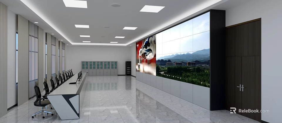 Modern Control Room with Large Monitor Wall Control Desk Storage Cabinets and Ceiling Lighting 3d model 