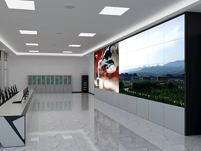 Modern Control Room with Large Monitor Wall Control Desk Storage Cabinets and Ceiling Lighting 3d model