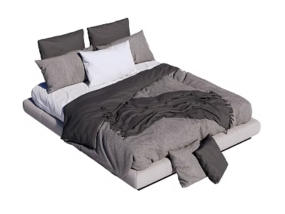 Modern Double Bed With Gray White Pillows And Cozy Gray Blanket 3d model