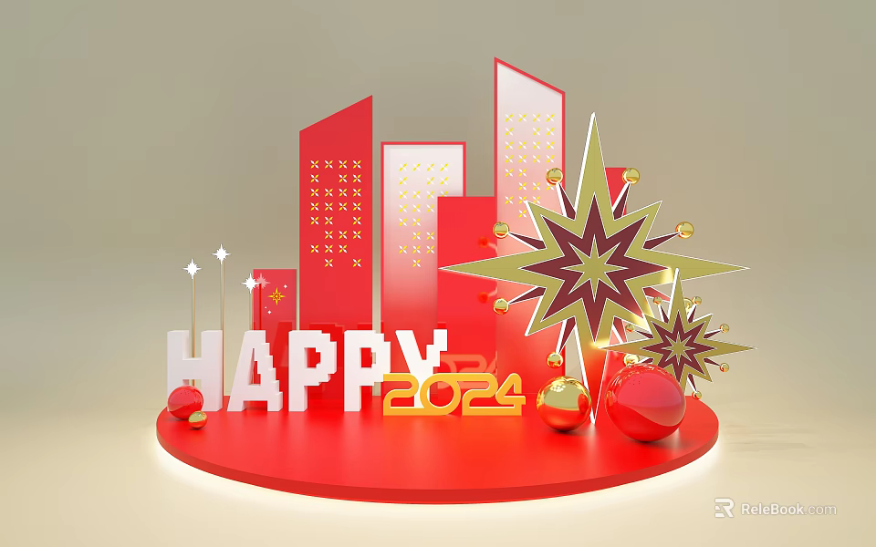 2024 Happy Red Photo Check In Spot With Geometric Structures Golden Stars And Orbs 3d model 