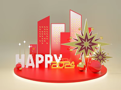 2024 Happy Red Photo Check In Spot With Geometric Structures Golden Stars And Orbs 3d model