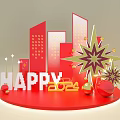 2024 Happy Red Photo Check In Spot With Geometric Structures Golden Stars And Orbs