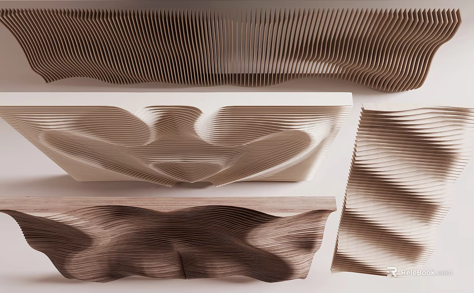 Elegant Wooden Reception Desk Interior With Curved Wave Texture And Natural Grain 3d model 