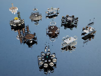 Stylish Dining Table Sets With Various Table Designs Chairs And Chandeliers 3d model