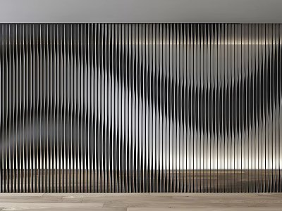 Modern Wave Pattern Wall Panel With Vertical Slats And Wooden Floor Decor 3d model