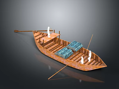 Traditional Wooden Boat Model With White Figures Blue Cushions And Oars 3d model