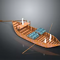 Traditional Wooden Boat Model With White Figures Blue Cushions And Oars