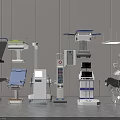 Modern Medical Equipment Collection Featuring Examination Tables Surgical Lights Monitors And Treatment Carts