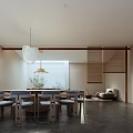 Modern Private Room Interior With Dining Table Comfortable Seats And Pendant Lights 3d model