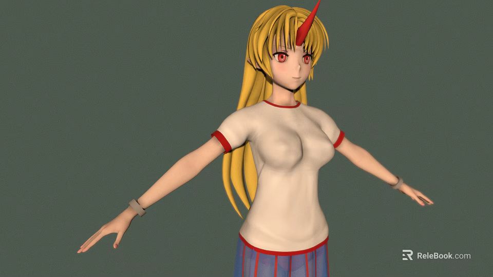 Fantasy Blonde Girl With Unicorn Horn Wearing White Red Trimmed Top And Blue Skirt 3d model 