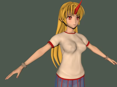 Fantasy Blonde Girl With Unicorn Horn Wearing White Red Trimmed Top And Blue Skirt 3d model