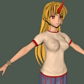 Fantasy Blonde Girl With Unicorn Horn Wearing White Red Trimmed Top And Blue Skirt