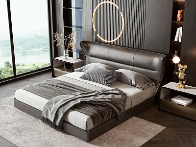 Double Bed With Leather Headboard Gray Blanket Pillows And Circular Wall Lamp 3d model
