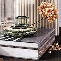 Decorative Ornament Set With Dried Pampas Grass Transparent Glass Vases Stacked Books And Wall Clock