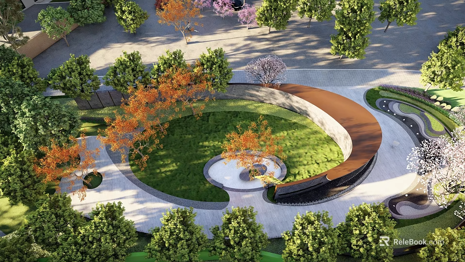 Landscape Wall In Garden With Circular Lawn Surrounding Green Trees Orange Foliage And Stone Pavement 3d model 