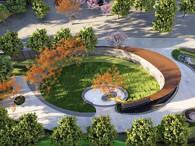 Landscape Wall In Garden With Circular Lawn Surrounding Green Trees Orange Foliage And Stone Pavement 3d model