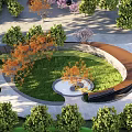 Landscape Wall In Garden With Circular Lawn Surrounding Green Trees Orange Foliage And Stone Pavement